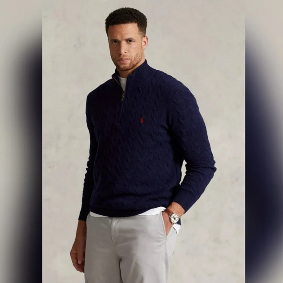 POLO Ralph Lauren Men's Blue 100% Cotton Cable Knit Quarter Zip Sweater Size XLT - Picture 3 of 11